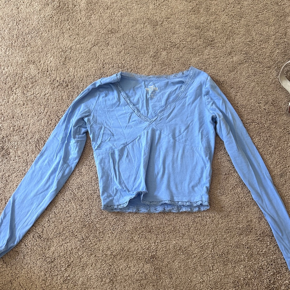 Hollister Blue Long Sleeve Baby Tee With Lace Trim